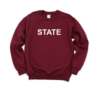 STATE white on maroon